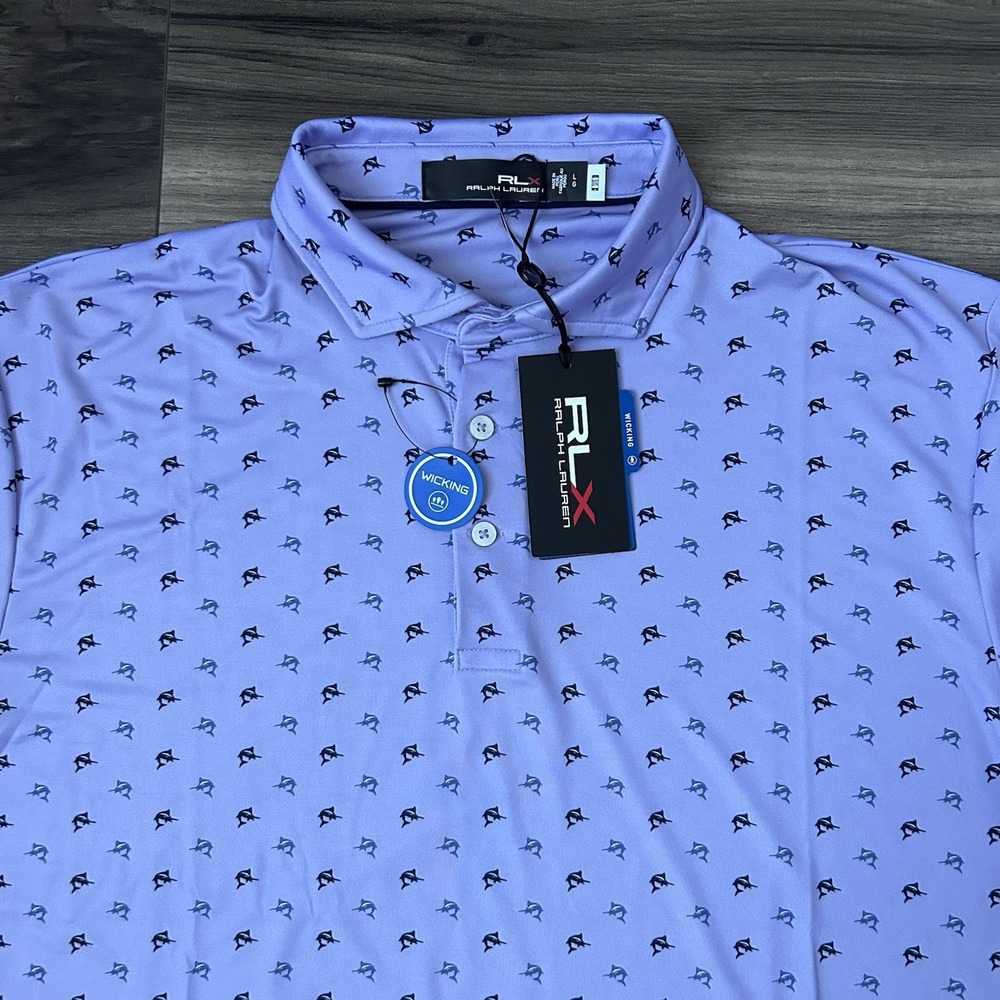 RLX Ralph Lauren Golf Polo Shirt L Purple Marlin Print Stretch Performance NWT
